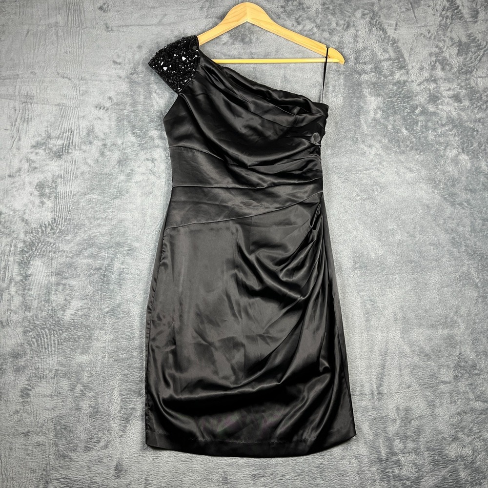 Tea/F Cocktail Dress Womens Medium Black Embellishment One Shoulder Ruched Side